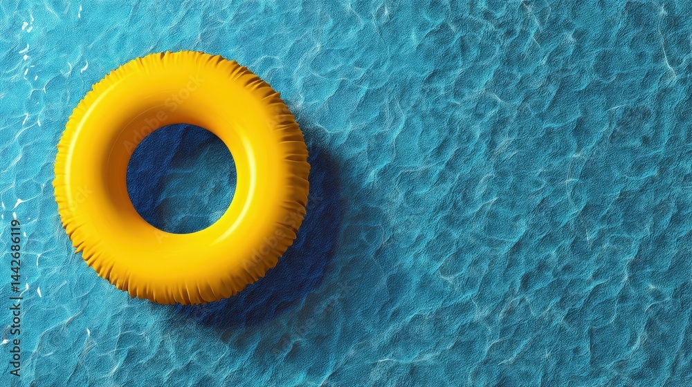 Naklejka premium Yellow Inflatable Ring Floating on Blue Water Summer Vacation Concept Relaxing Scene
