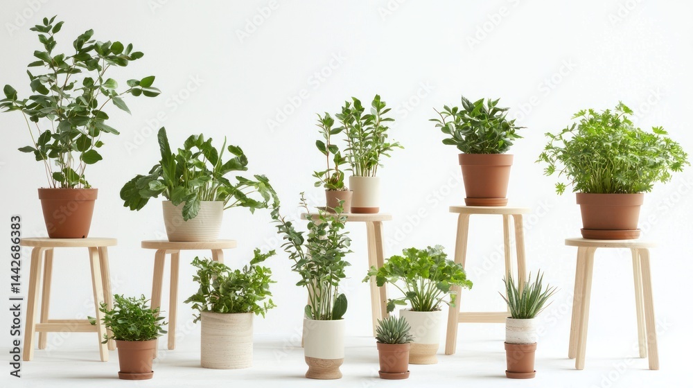 Fototapeta premium Variety of lush green plants on wooden stools with neutral ceramic pots on white background.