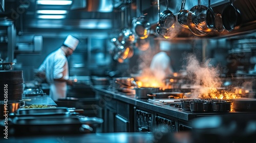 Professional kitchen interior, chefs working, hot cooking.