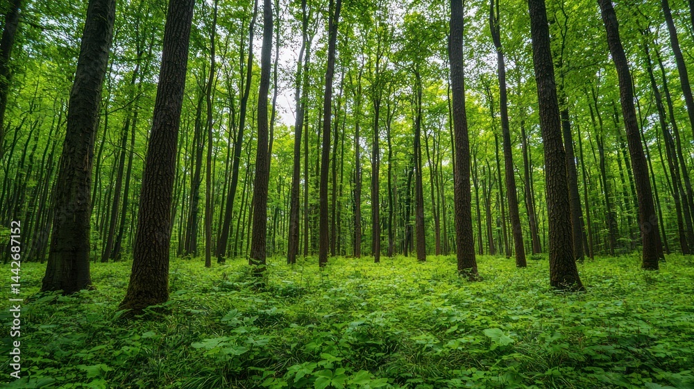 Naklejka premium Vibrant forest landscape with tall, green trees and lush ground cover on white background.
