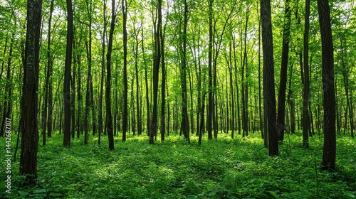 Fototapeta Naklejka Na Ścianę i Meble -  Vibrant forest landscape with tall, green trees and lush ground cover on white background.