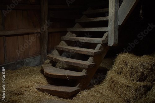 Rustic wooden staircase leads to hay loft in an old barn during the quiet of a summer afternoon