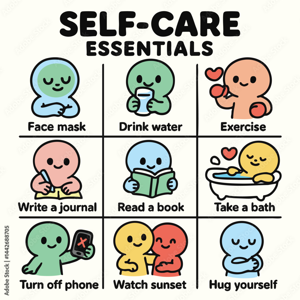Obraz premium Self care essentials include face mask, drink water, exercise, and more for well being