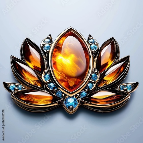 Elegant golden lotus design with amber gems and blue crystals against a soft gradient background for luxury decor