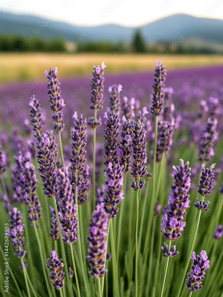 Obraz premium A vibrant field of lavender in full bloom, with rows of purple flowers stretching into the distance under a bright summer sky, creating a peaceful and calming atmosphere