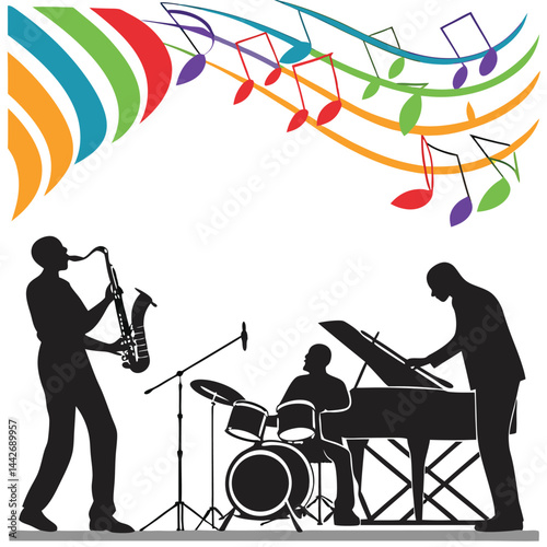 Vector illustration of a silhouette couple, a man and woman sitting and playing music with a guitar