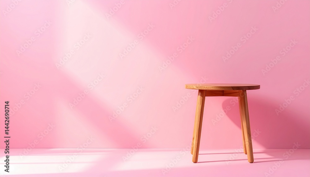 Minimalist wooden stool in soft pink room light furniture photography modern interior design aesthetic viewpoint Minimalist wooden stool in soft pink room light furniture photography modern interior design aesthetic viewpoint