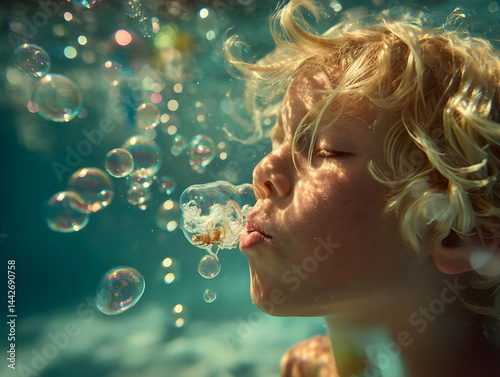Joyful child blowing bubbles underwater, every bubble home to sea creatures