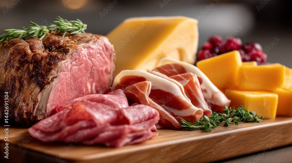 An inviting wooden cutting board showcases a vibrant spread of assorted cured meats, rich cheeses, and fresh herbs, perfect for a cozy gathering or culinary adventure