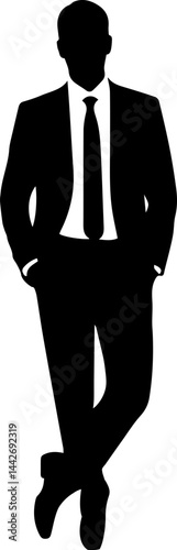 Stylish Businessman Silhouette Leaning Slightly, Dressed in Suit and Tie on White Background