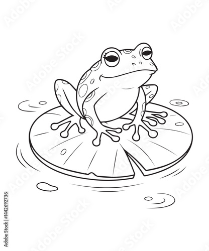 Baby frog sitting on leaf in pond water coloring page for kids, black line art vector illustration on white background