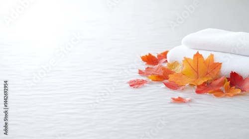 Vibrant autumn leaves scattered on a soft white towel, minimalist composition with a serene background, and seasonal and spa concept.