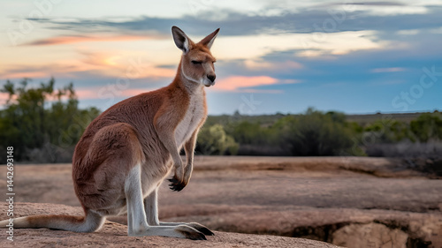 Red kangaroo sitting in the evening sun light green background.
