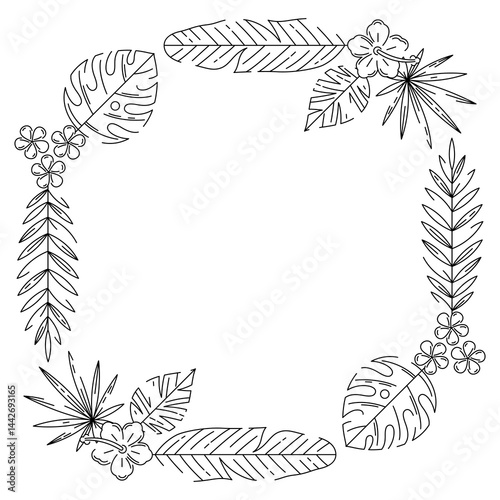 Frame with stylized palm leaves. Decorative image of tropical foliage and plants.