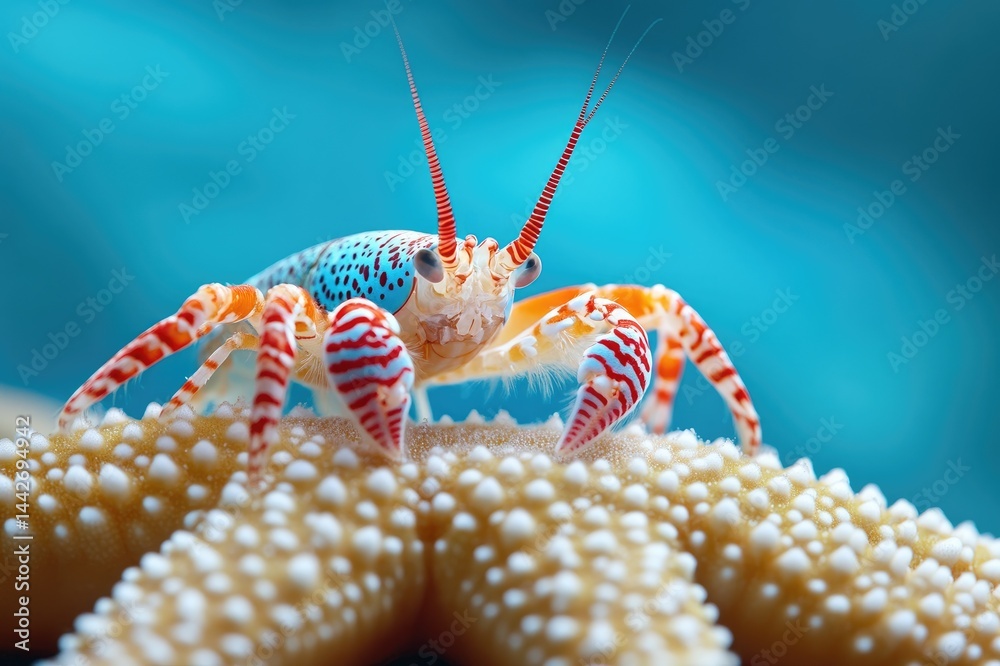 Harlequin squat lobster standing on starfish in blue ocean