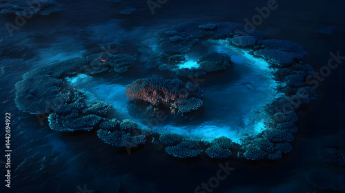 Heart-shaped coral reef glowing with bioluminescence, pulse of the ocean.