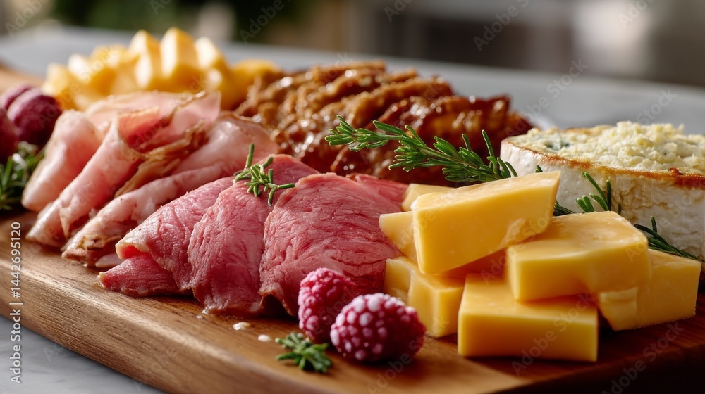 A beautifully arranged wooden cutting board showcases an enticing selection of gourmet meats, creamy cheeses, fresh fruits, and aromatic herbs, inviting culinary exploration during a lively gathering