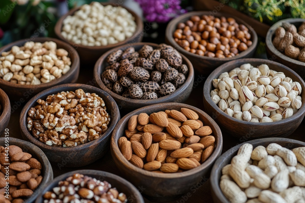 Various nuts and seeds filling wooden bowls displaying healthy food choices
