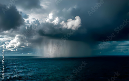 The ocean mourns as a cloud cries over its surface, nature's sorrow.