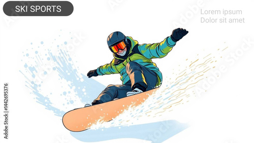 Dynamic illustration of a professional male snowboarder executing a trick on a snowy slope, captured in modern flat design and a focus on movement.