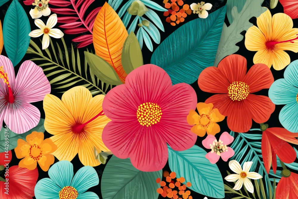 Colorful tropical flowers and leaves creating vibrant jungle pattern
