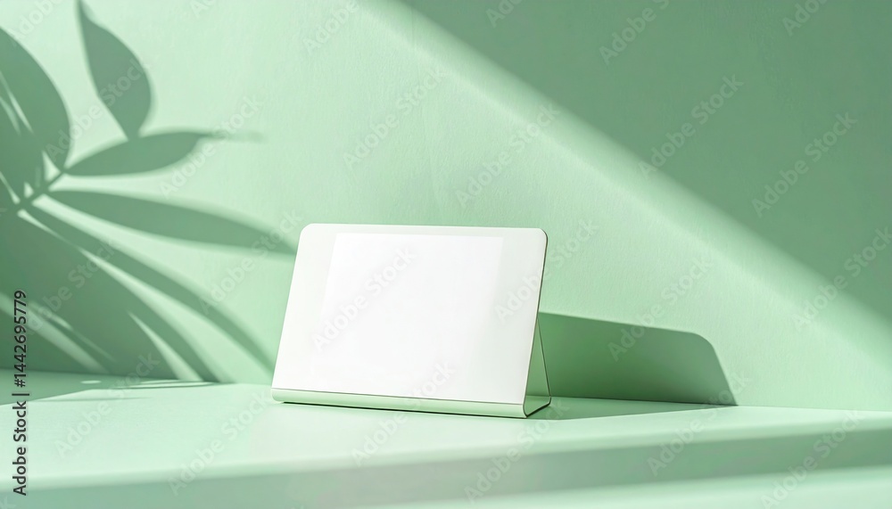 Showcasing minimalist design white tablet on green surface photography indoor natural lighting modern aesthetic Showcasing minimalist design white tablet on green surface photography indoor natural lighting modern aesthetic