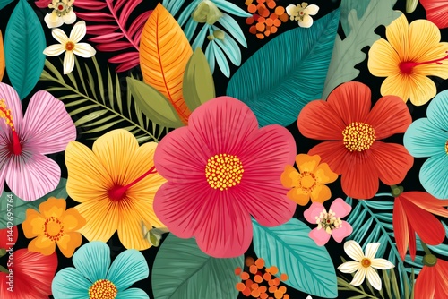 Obraz na płótnie Colorful tropical flowers and leaves creating vibrant jungle pattern w salonie