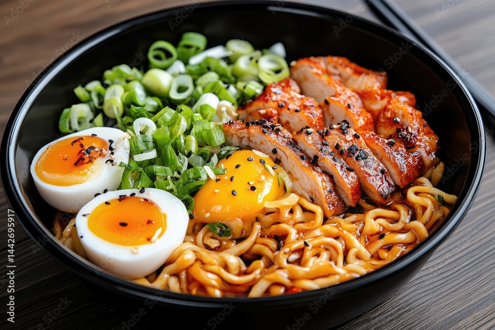 Ramen noodles with chicken, eggs, and green onions in black bowl