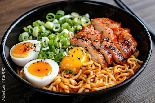 Obraz na płótnie Ramen noodles with chicken, eggs, and green onions in black bowl w salonie