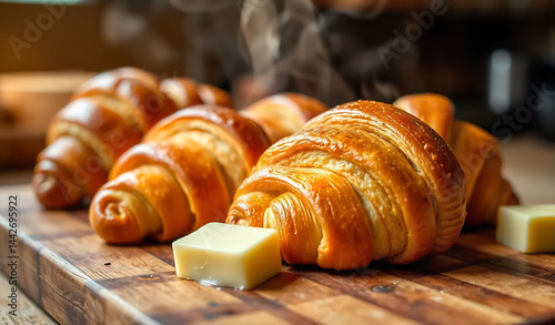 Obraz na płótnie Close-Up of Freshly Baked Croissants w salonie