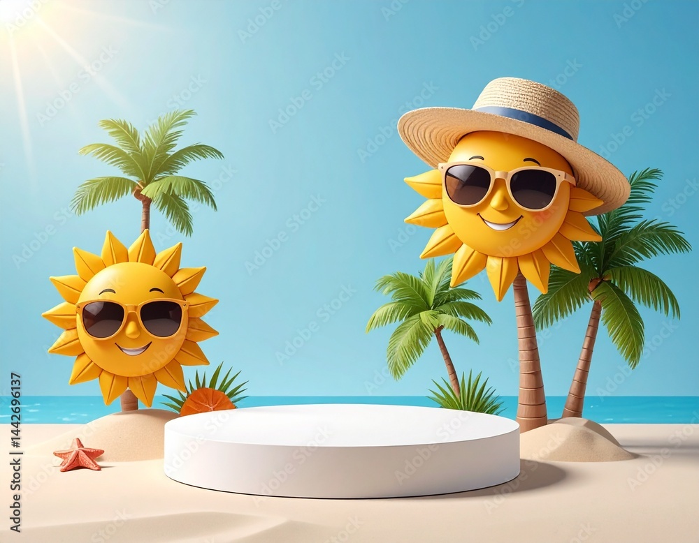 Holiday product background with podium, beach, palm trees and sun in hat and sunglasses