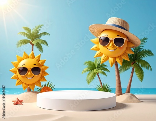 Obraz na płótnie Holiday product background with podium, beach, palm trees and sun in hat and sunglasses w salonie