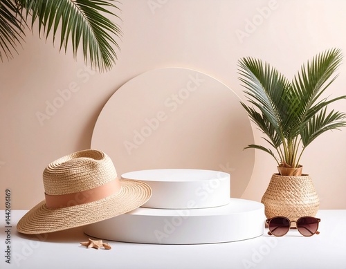 Holiday product background with beach podium, palm trees, sea, hat and sunglasses