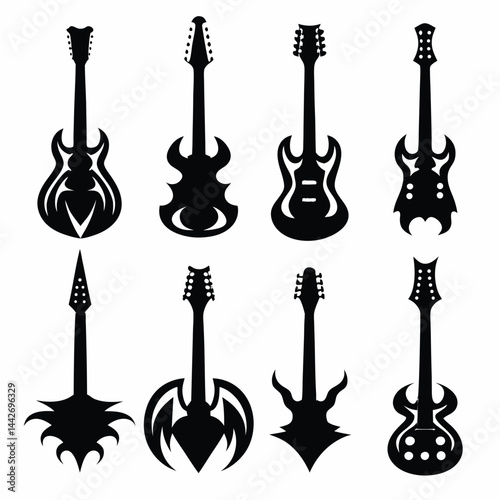 Collection of Eight Black Electric Guitar Silhouettes