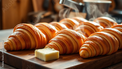 Obraz na płótnie Close-Up of Freshly Baked Croissants w salonie
