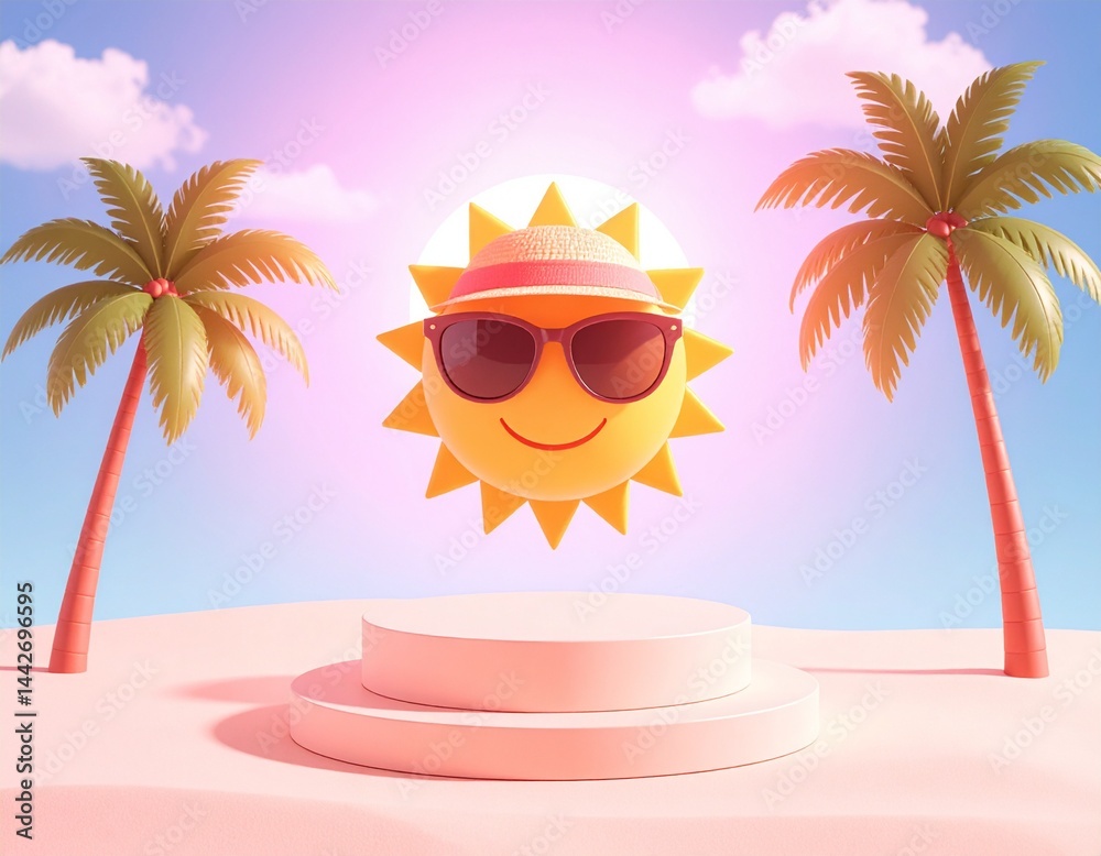 Holiday product background with podium, beach, palm trees and sun in hat and sunglasses