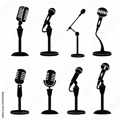 Collection of Eight Retro Microphone Icons on Stands