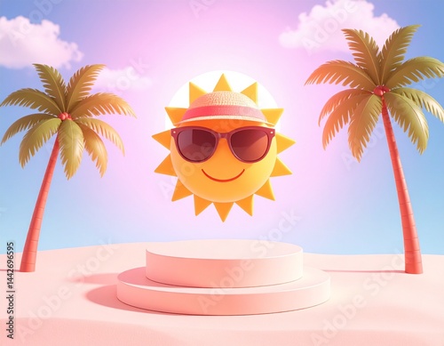 Obraz na płótnie Holiday product background with podium, beach, palm trees and sun in hat and sunglasses w salonie