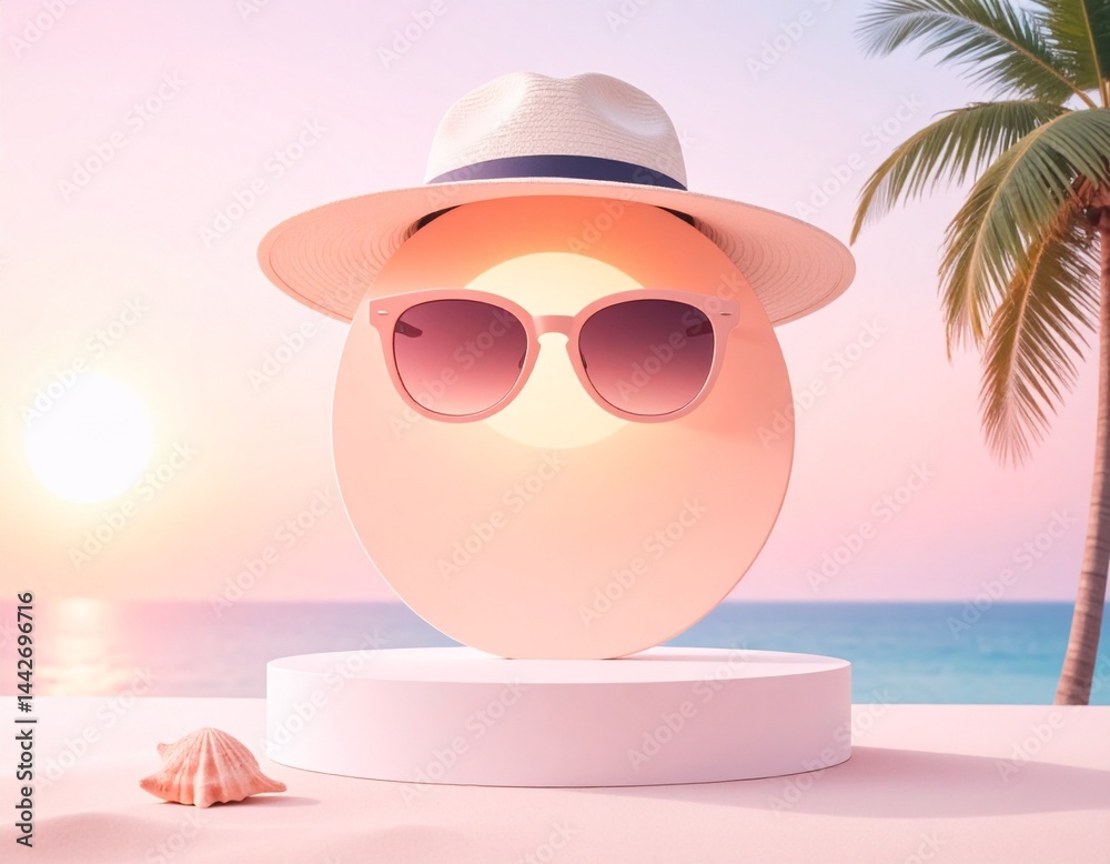 Holiday product background with podium, beach, palm trees and sun in hat and sunglasses
