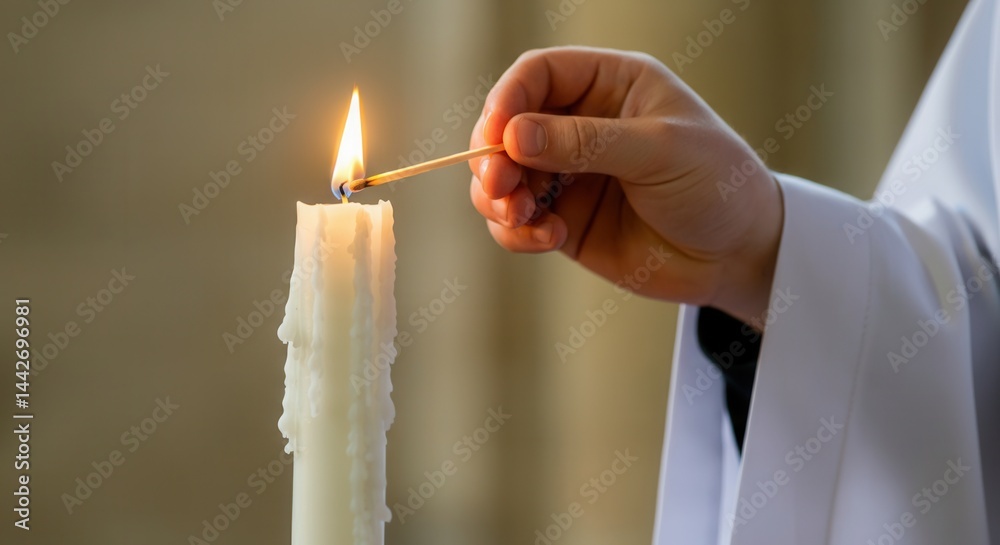 Hand of young seminarian in white robe lighting candle before papal conclave
