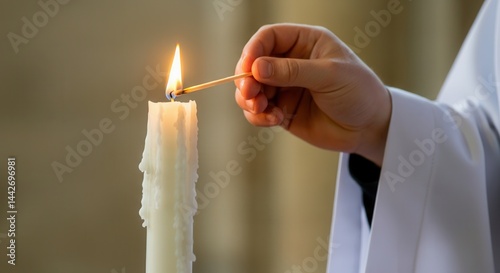 Obraz na płótnie Hand of young seminarian in white robe lighting candle before papal conclave w salonie