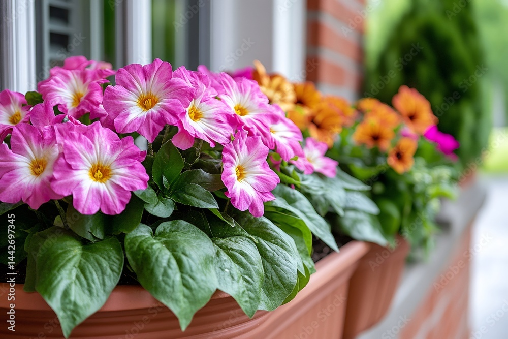 Vibrant pink and white petunias blooming in window box
