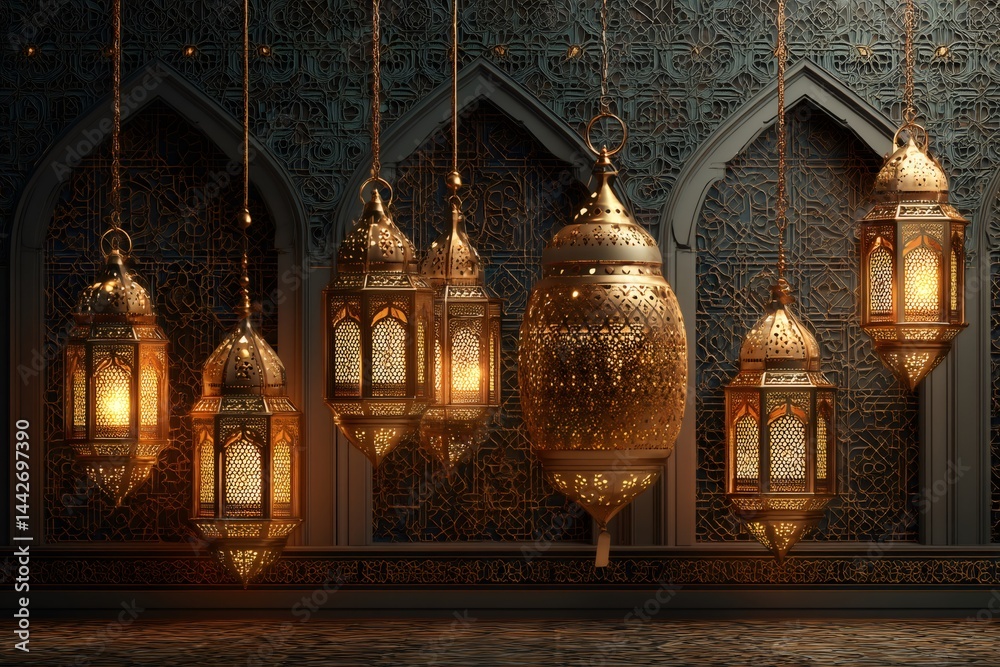 Golden ornate lanterns illuminating an intricate mosque interior during ramadan