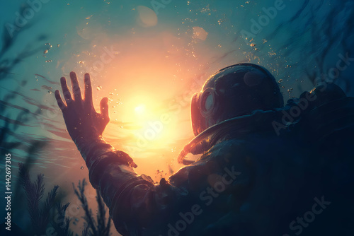 Diver reaches for a rising sun from deep below, hope shining beyond the depths