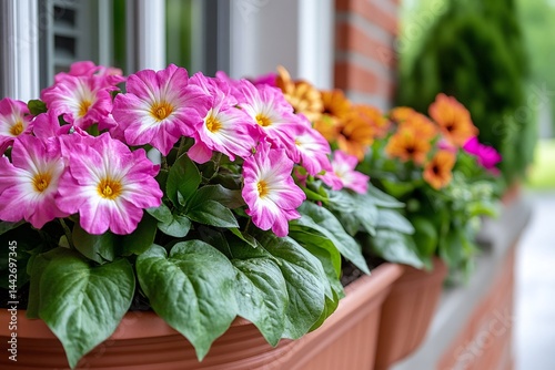 Obraz na płótnie Vibrant pink and white petunias blooming in window box w salonie