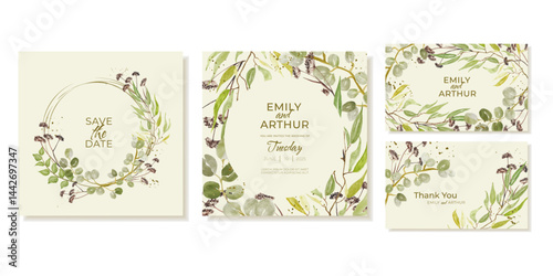 Square Wedding invitation and thank you cards with green leaves, botanical pattern watercolour eucalyptus leaves. Vector templates