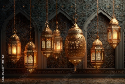 Obraz na płótnie Golden ornate lanterns illuminating an intricate mosque interior during ramadan w salonie