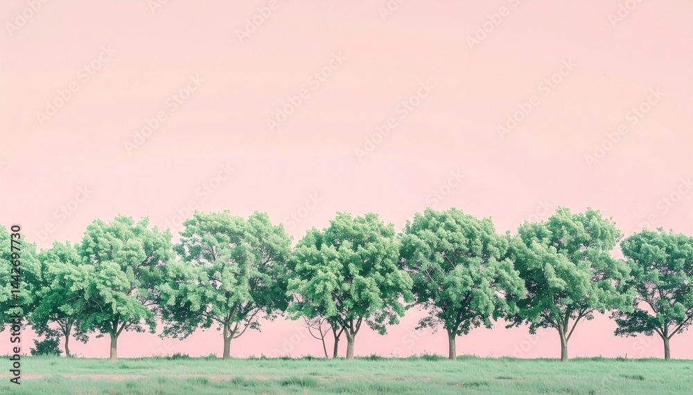 Obraz premium Peaceful landscape of lush green trees against a soft pink sky at dusk nature photography tranquil environment vibrant viewpoint