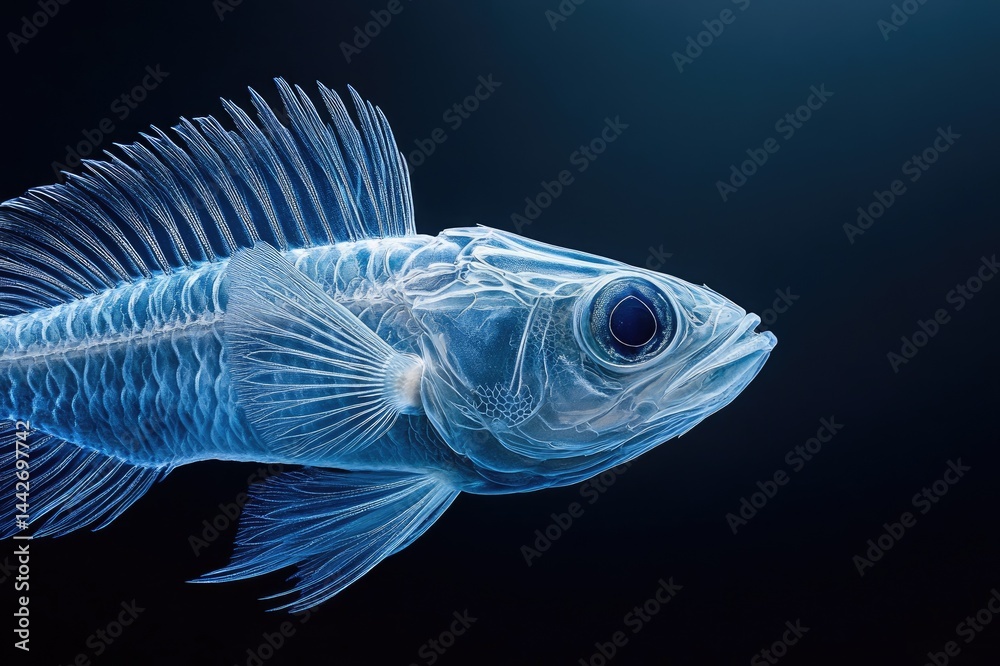 Transparent fish swimming in dark water exhibiting skeletal structure