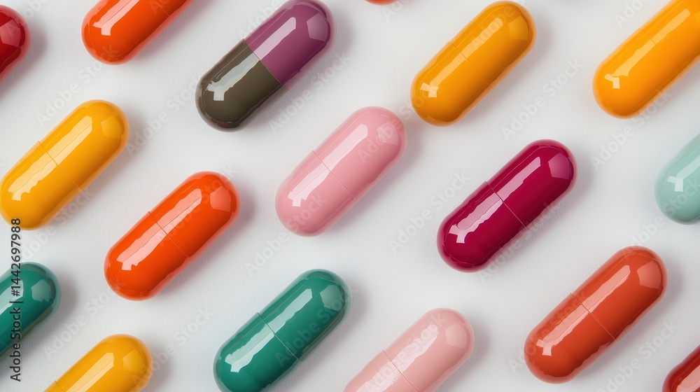 Colorful capsules arranged in a neat, diagonal pattern on a light background. Colorful capsules arranged in a neat, diagonal pattern on a light background.